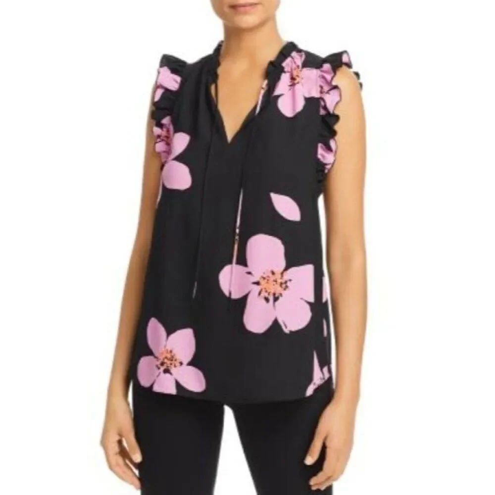Kate Spade New York Women Top XS Black Grand Flora Ruffled Sleeveless Blouse NWT